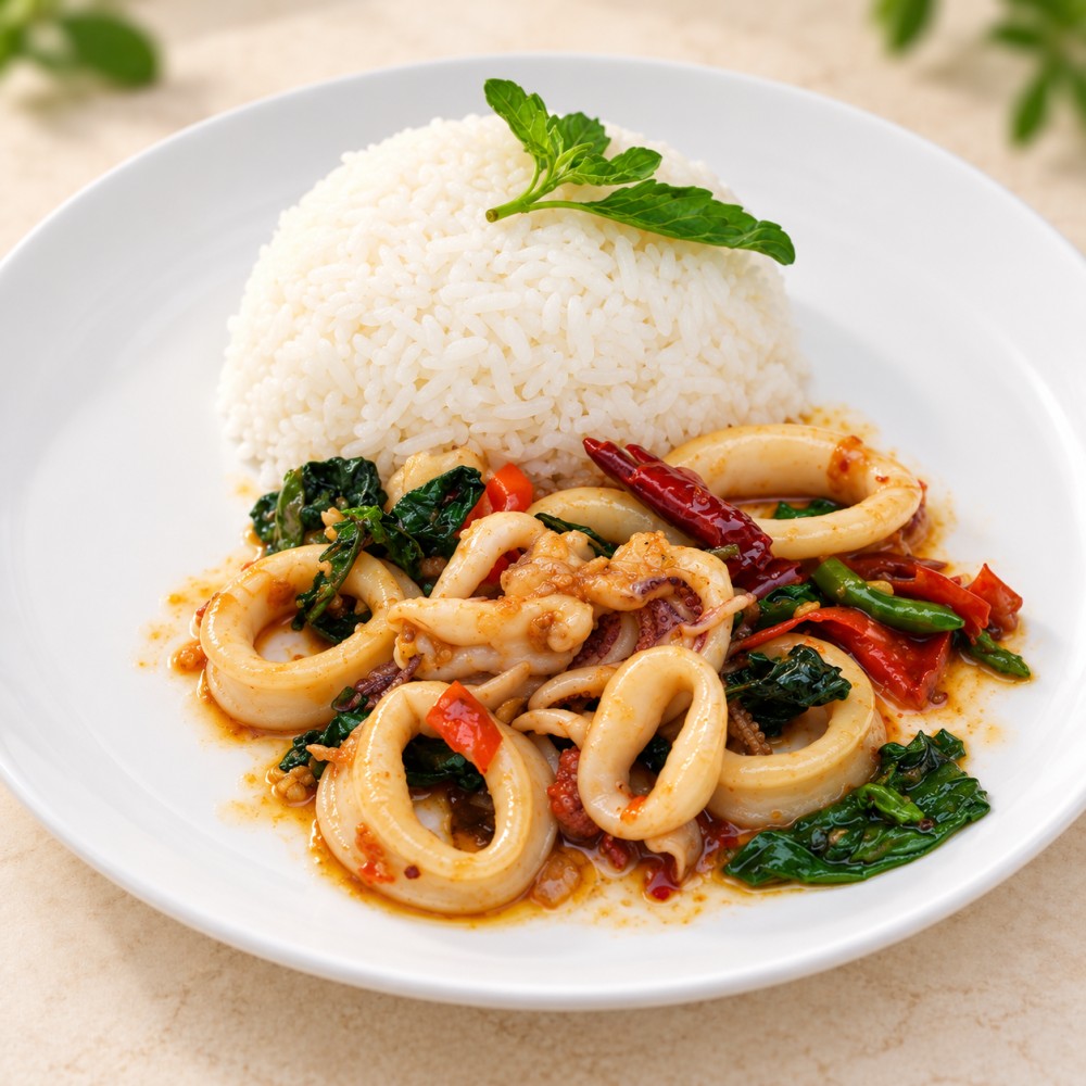 ข้าวกับผัดกะเพราปลาหมึก — ภาพเมนูอาหารหวานคาว