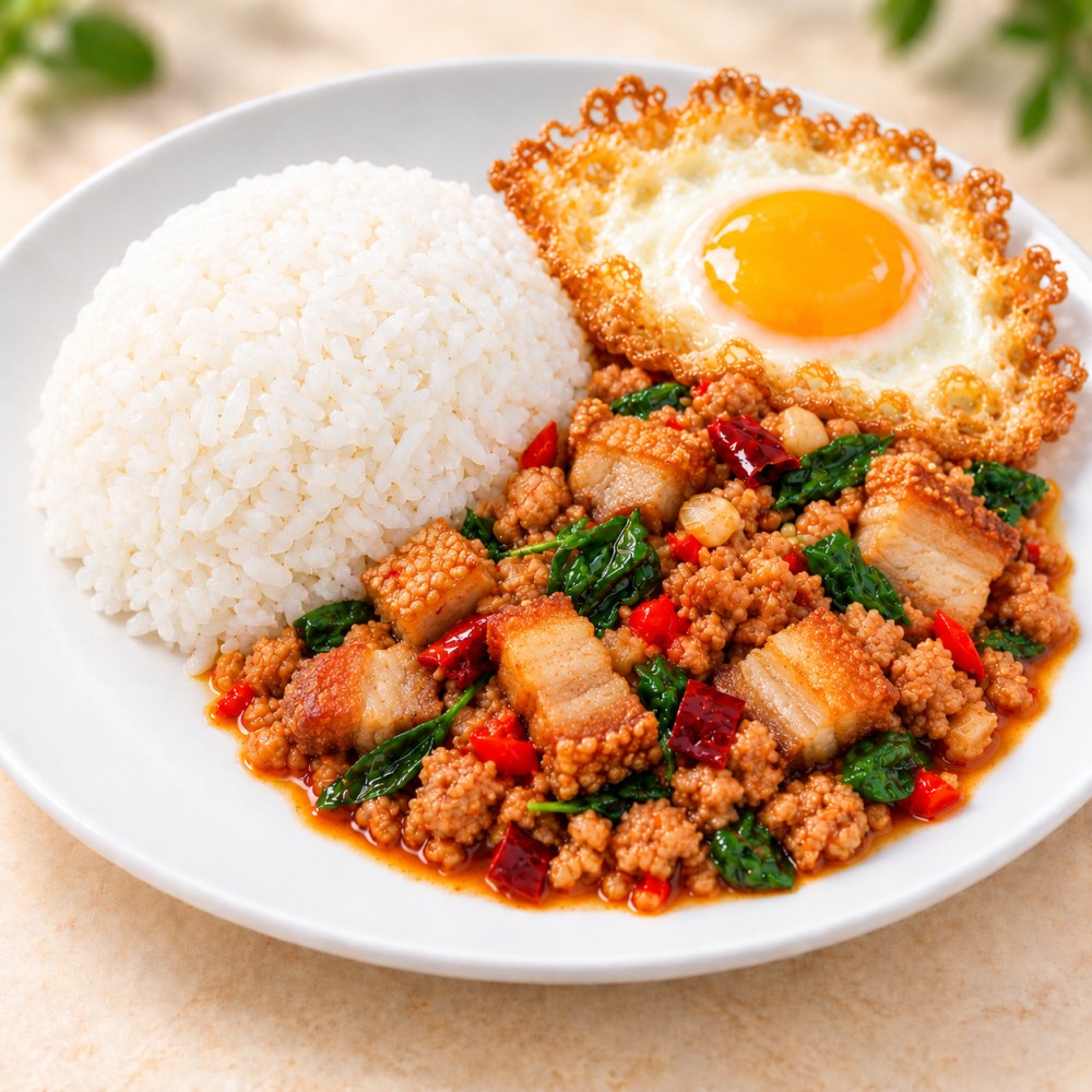 ข้าวกระเพราหมูสับไข่ดาวกรอบหมูกรอบ จากร้านอาหารหวานคาว