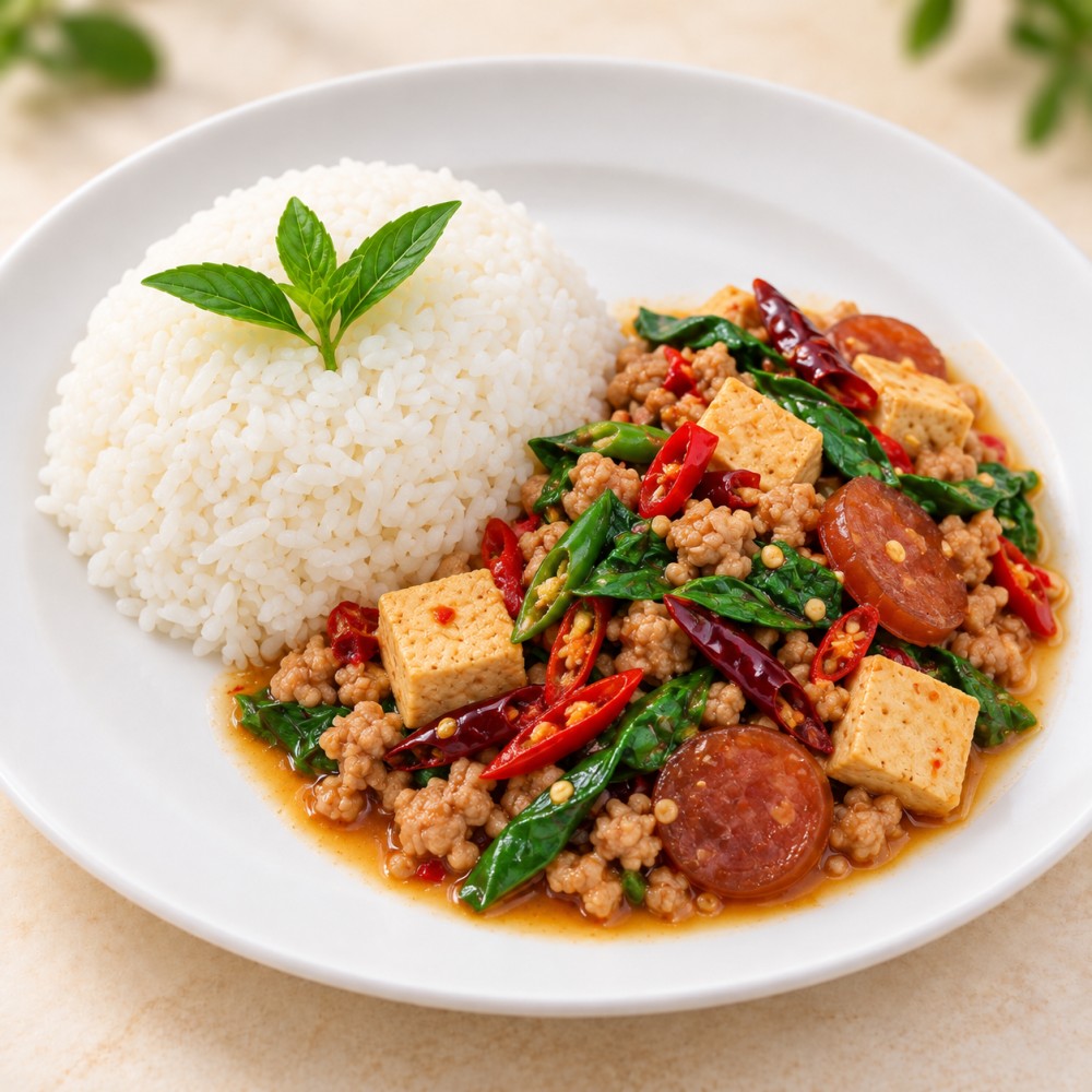 ข้าวกะเพราผัดรวม — รอยืนยันสูตร เสิร์ฟกับข้าวสวย
