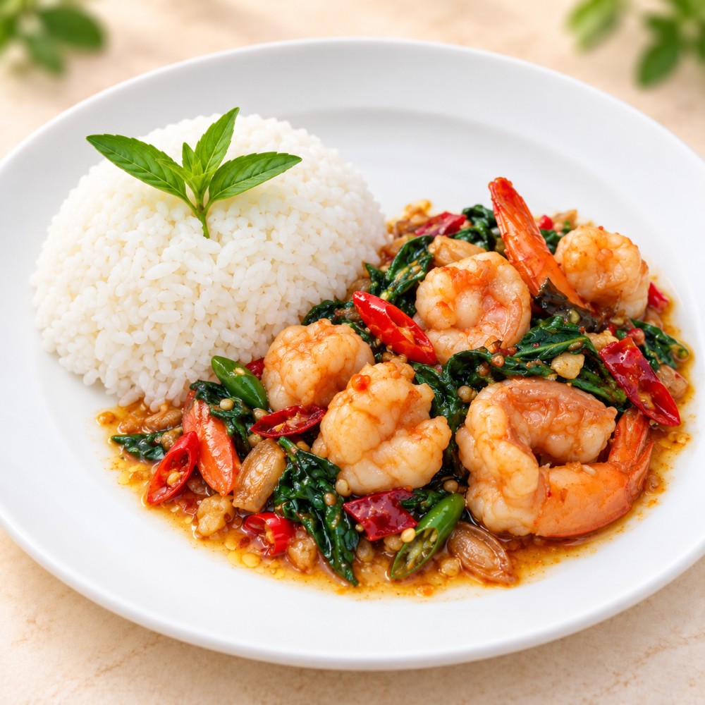 ข้าวกะเพรากุ้ง เสิร์ฟกับข้าวสวย