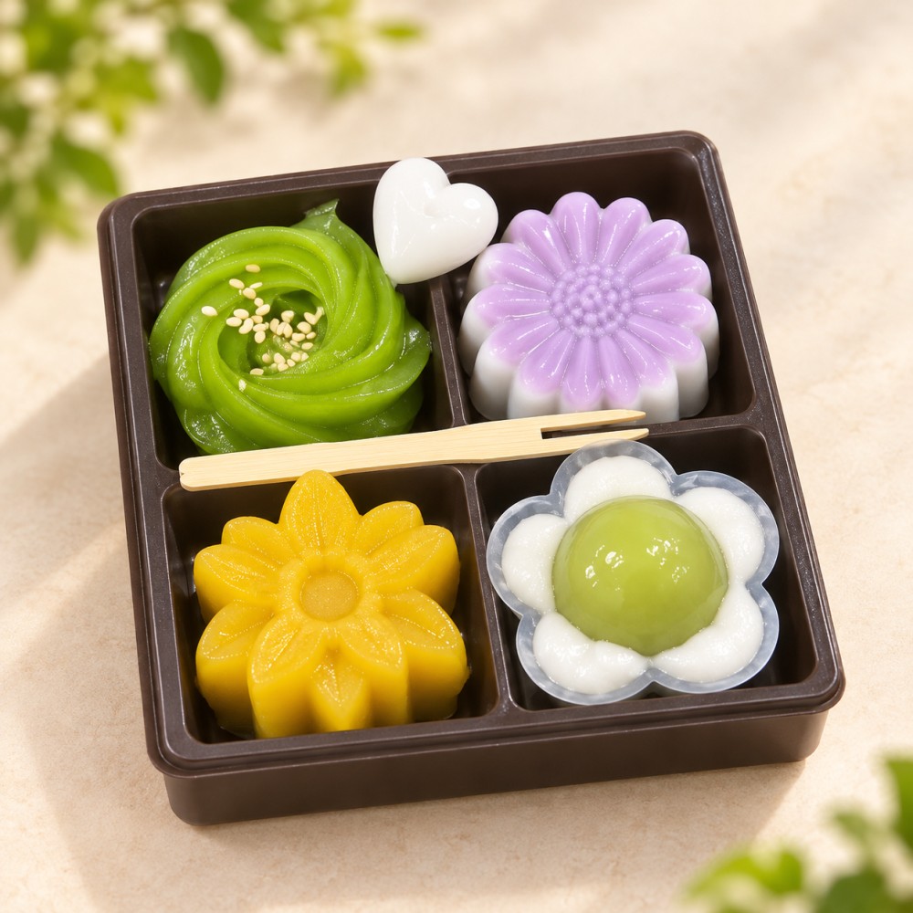 ชุดขนมไทยโทนเขียว ม่วงอ่อน เหลือง และขาว 4 ชิ้น ในถาดแบ่งสี่ช่อง