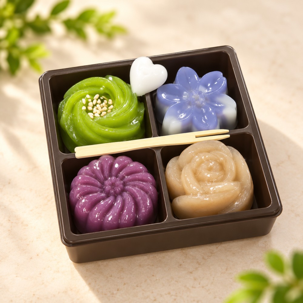 ชุดขนมไทยสี่สี เขียว ม่วงอ่อน ม่วงเข้ม และน้ำตาลอ่อน 4 ชิ้น ในถาดสี่ช่อง
