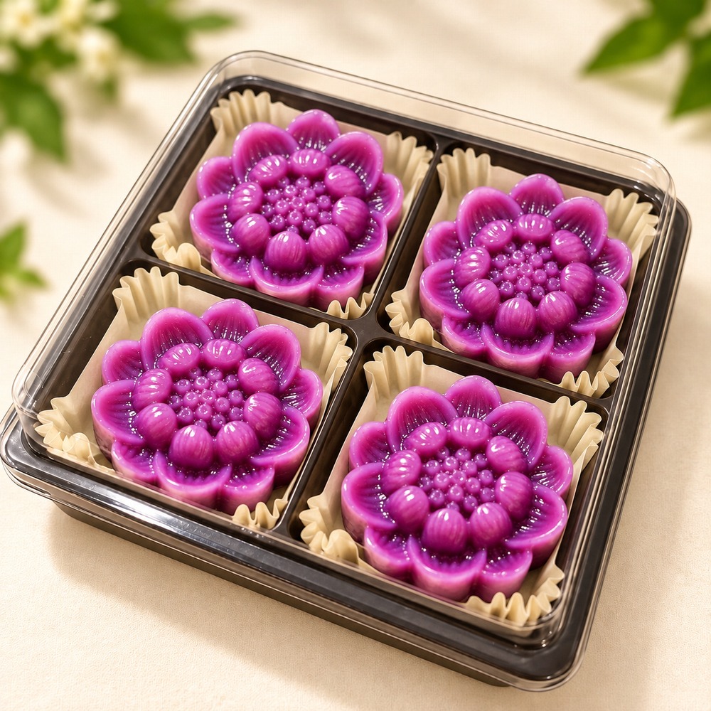 ขนมมันม่วงนึ่ง ในกล่อง 4 ช่อง จำนวน 4 ชิ้น