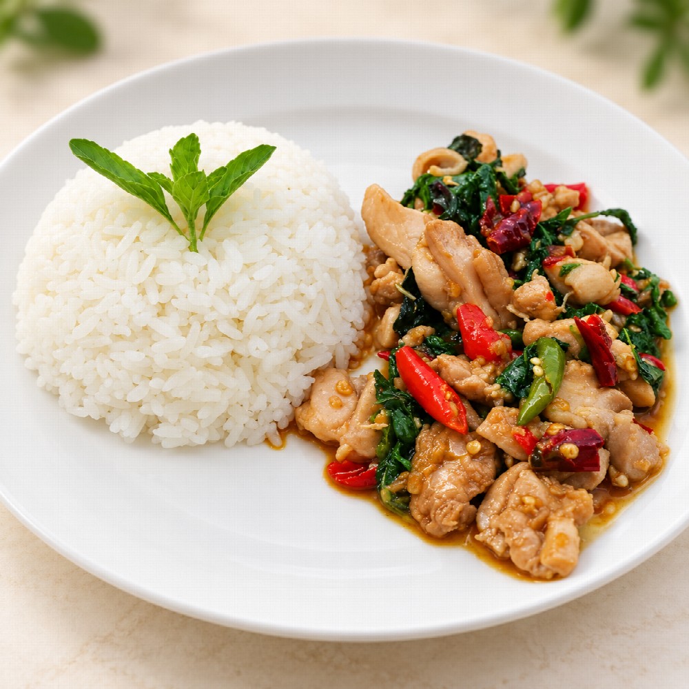 ข้าวกระเพราไก่ - ข้าวกระเพราไก่เผ็ดร้อน ใส่ไข่ดาว ราคา 65 บาท - อาหารไทย อาหารหวานคาว