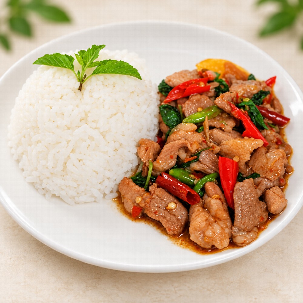 ข้าวกระเพราหมู - ข้าวกระเพราหมูเผ็ดร้อน ใส่ไข่ดาว ราคา 60 บาท - อาหารไทย อาหารหวานคาว