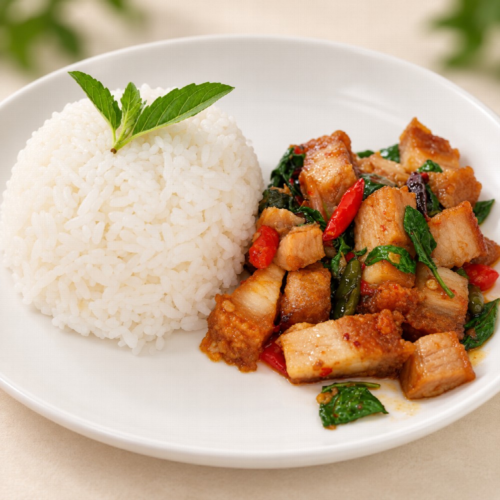 ข้าวกระเพราหมูกรอบ - ข้าวกระเพราหมูกรอบ หมูกรอบกรุบกรอบ ราคา 75 บาท - อาหารไทย อาหารหวานคาว